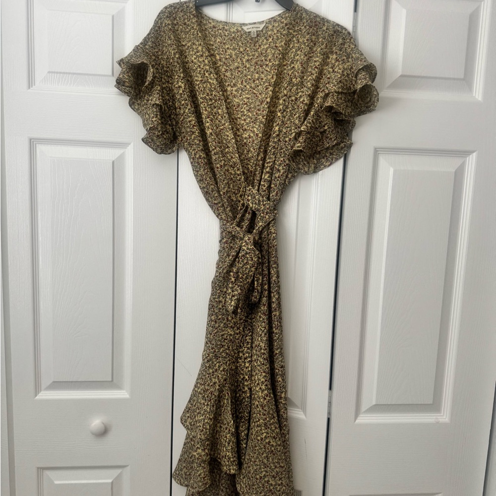 Max Studio Floral Yellow Ruffle Wrap Spring Dress - Picture 2 of 4